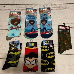 Batman, Groot, Robin, and Bob Ross Themed Socks Set